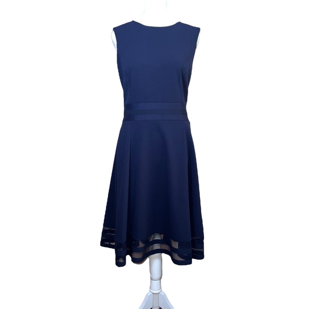 NEW Calvin Klein Illusion-Trim Fit & Flare A-Line Dress Navy Sleeveless Size 12 - Picture 2 of 10
